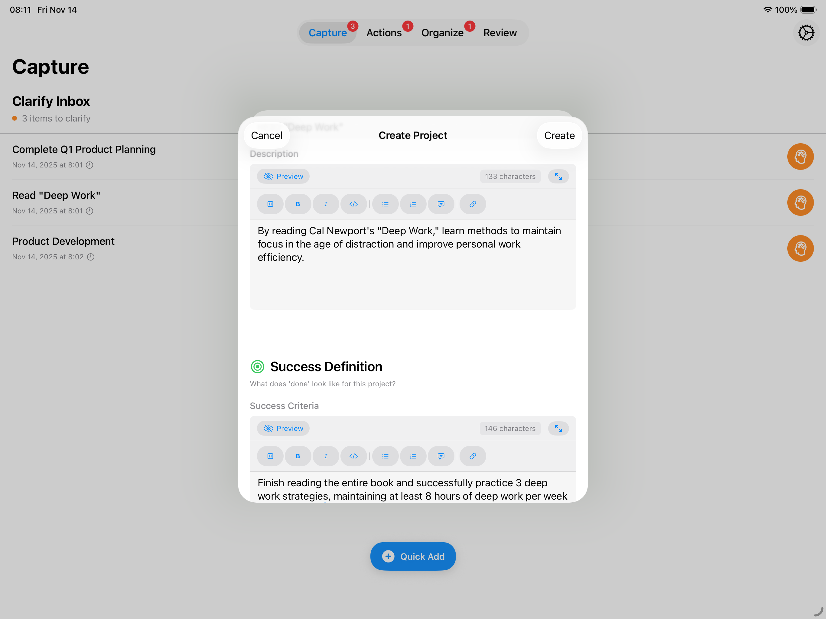 iPad Clarify as Project - Update Description and Success Criteria